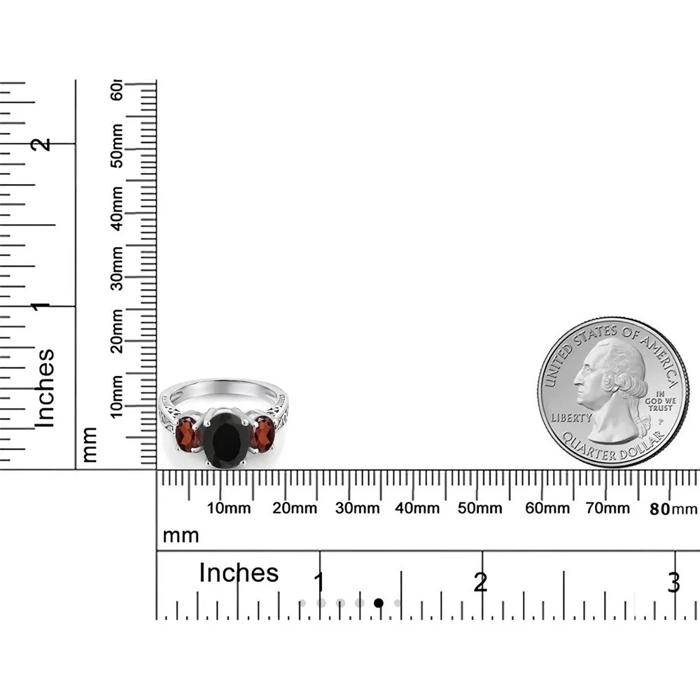 2.73 Cttw Onyx and Garnet 3 Stone‎ Ring For Women | 925 Sterling Silver |